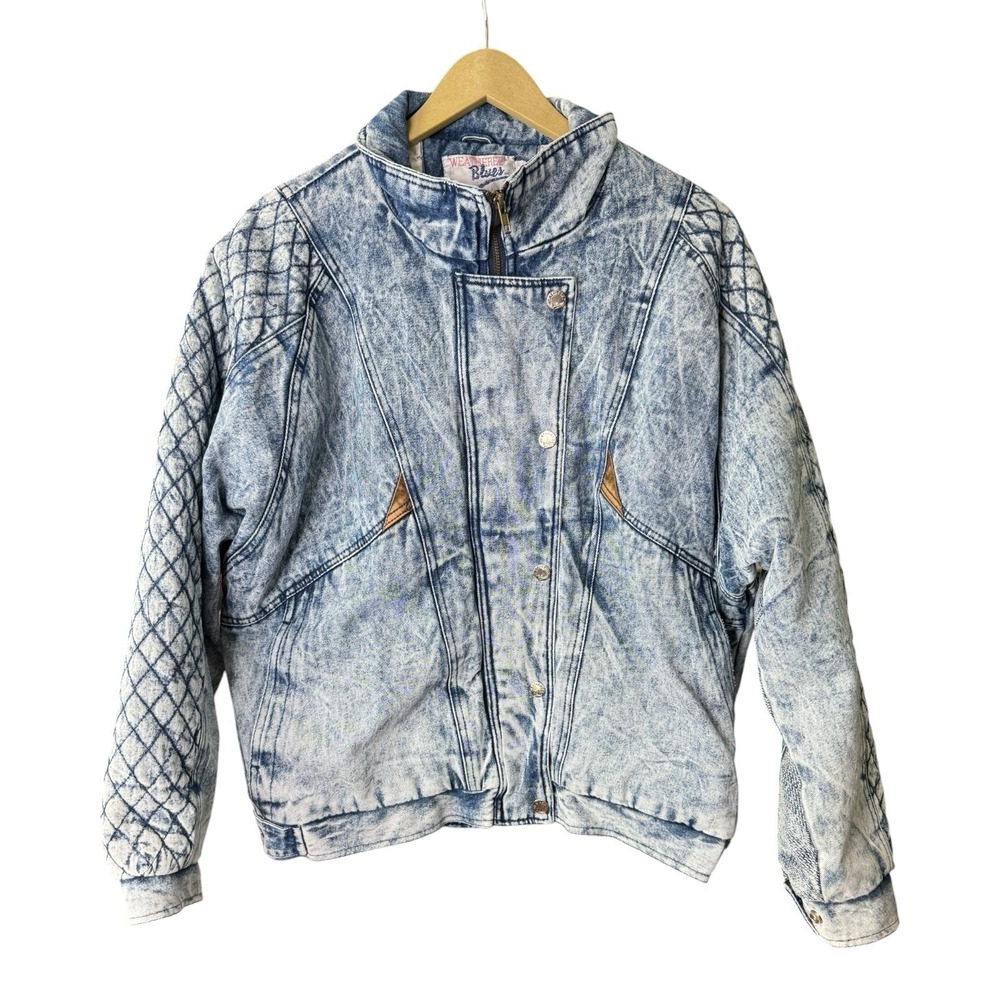 Vintage Weathered Blues Acid Wash Denim Moto Jacket Quilted Leather Trim USA